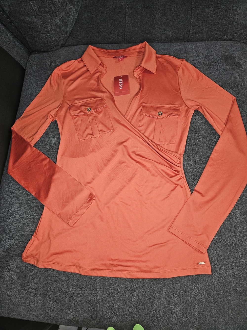 Guess Los Angeles Womens Long-Sleeve Wrap-Front Top in Coral Orange